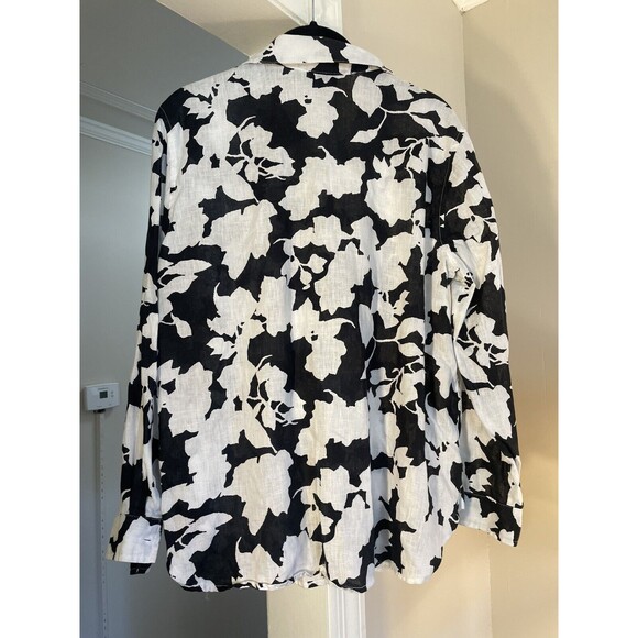 J. Jill Small Petite Floral Top Button Up Long Sleeve Black/White 100% Linen - Picture 3 of 7